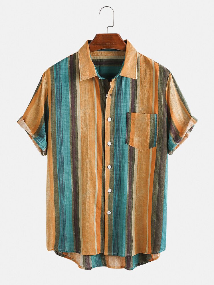 Mens Vintage Oli Painting Striped Casual Chest Short Sleeve Shirts