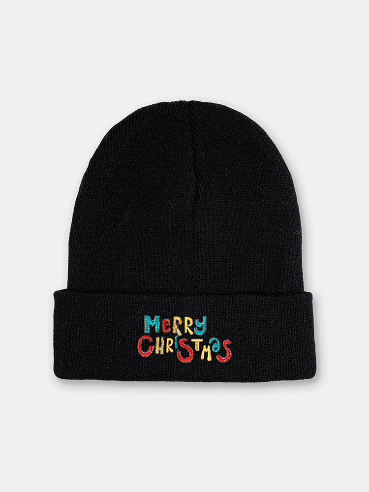 Christmas Unisex Acrylic Knitted Colorful Letters Pattern Embroidery All-match Warmth Brimless Beanie Hat