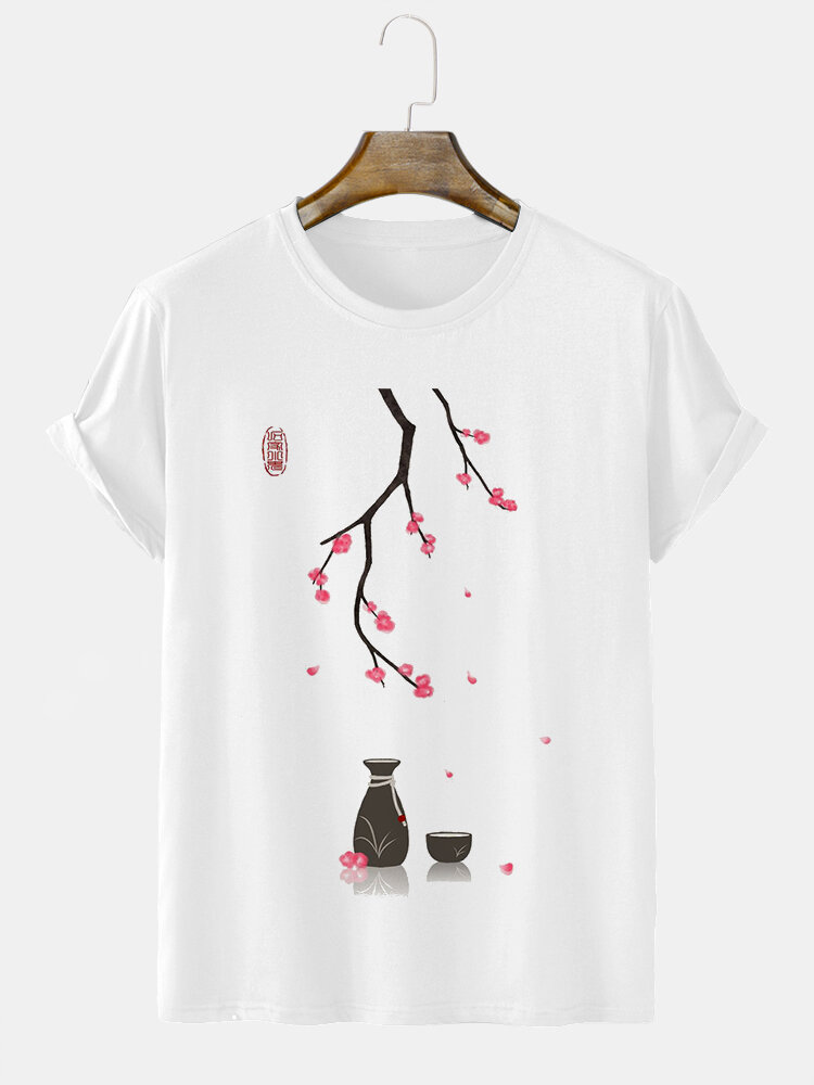 

Mens Japanese Cherry Blossoms Print Crew Neck Short Sleeve T-Shirts Winter, White