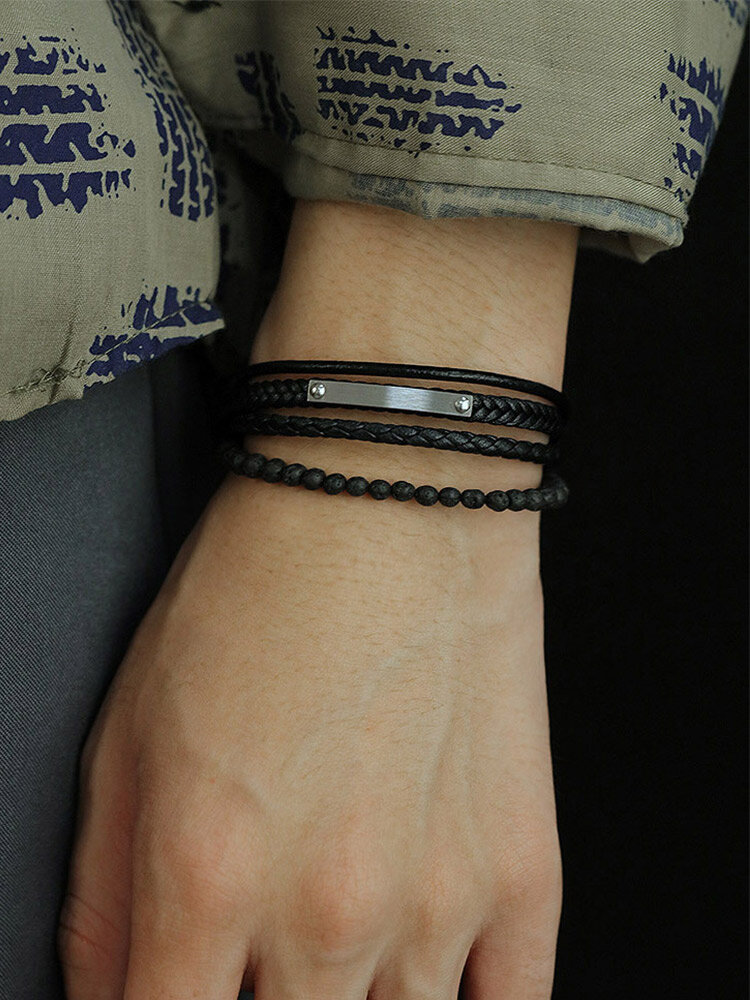 Vintage Hand-woven Round Beads Multi-layer Stainless Steel Fiber Synthetic Leather Bracelet