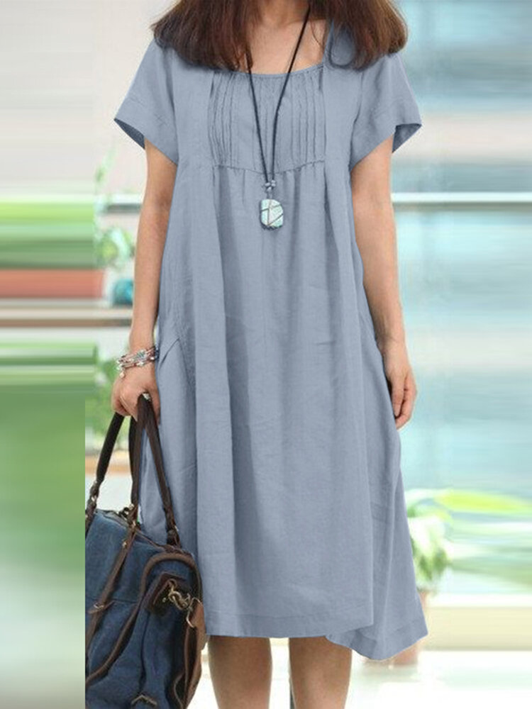 Women Solid Pleated Square Collar Casual Short Sleeve Dress