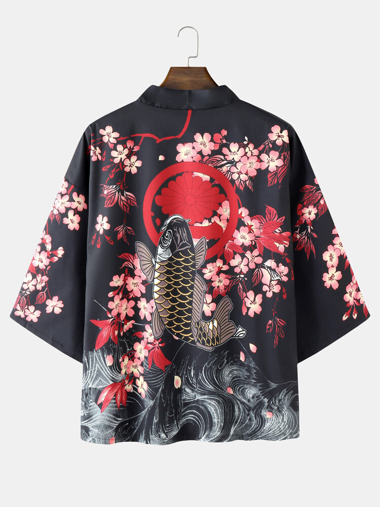 Mens Japanese Style Floral Koi Print Street Open Front Kimono