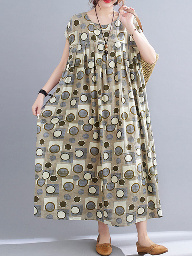 Geometry Print O-neck Pleated Sleeveless Loose Vintage Women Dress