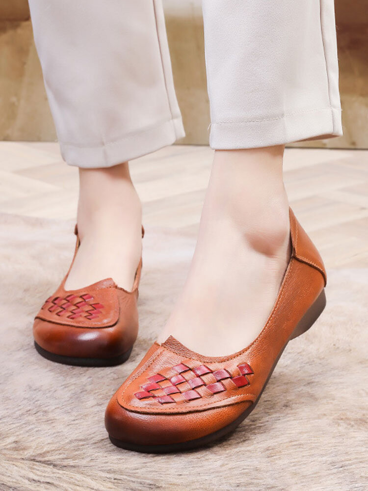 Women Casual Retro Soft Comfy Genuine Leather Woven Driving Shoes