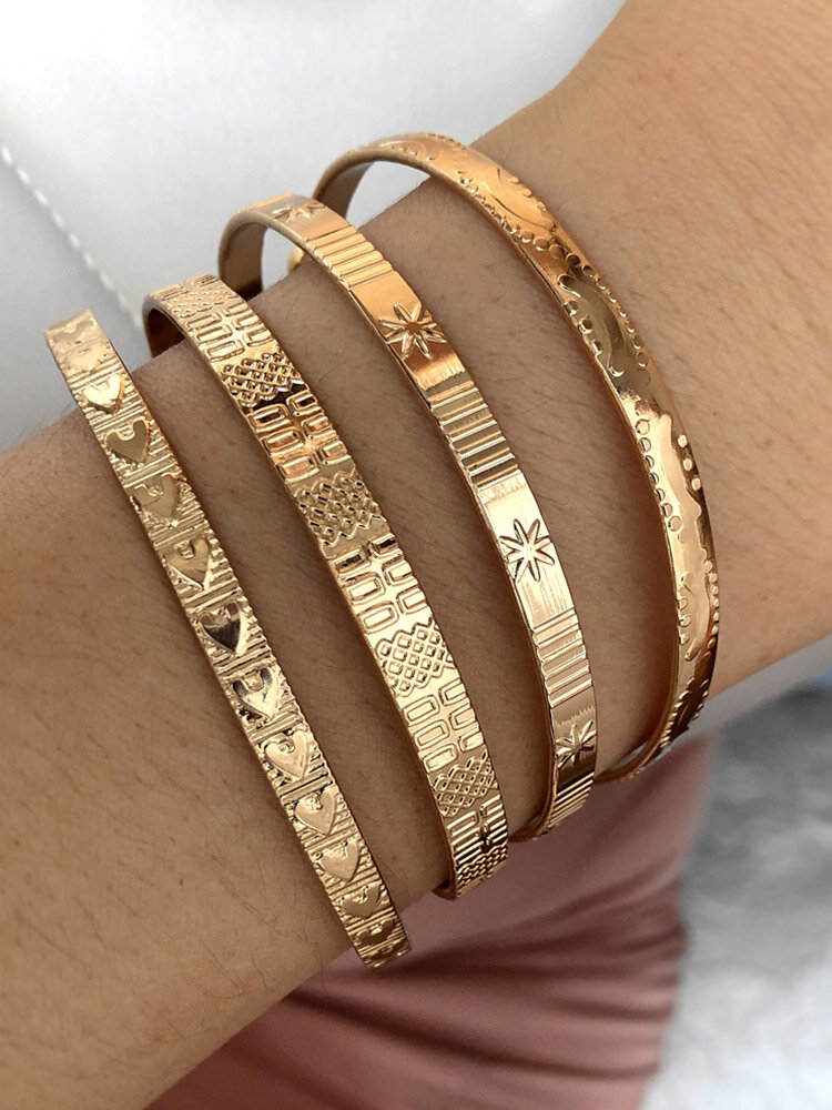 4 Pcs Bangle Set Trendy Creative Gold Opening Heart  Star Moon Design Women Bracelet Jewelry