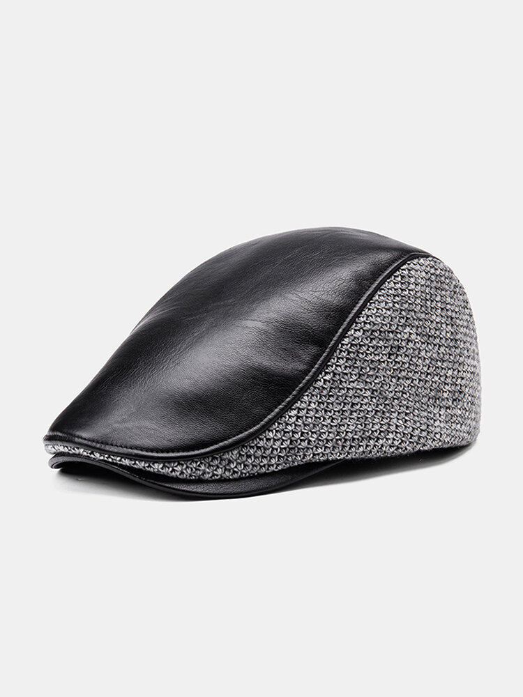 Collrown Men Faux Leather Knit Contrast Color Beret Hat Retro Casual Outdoor Forward Hat Flat Cap