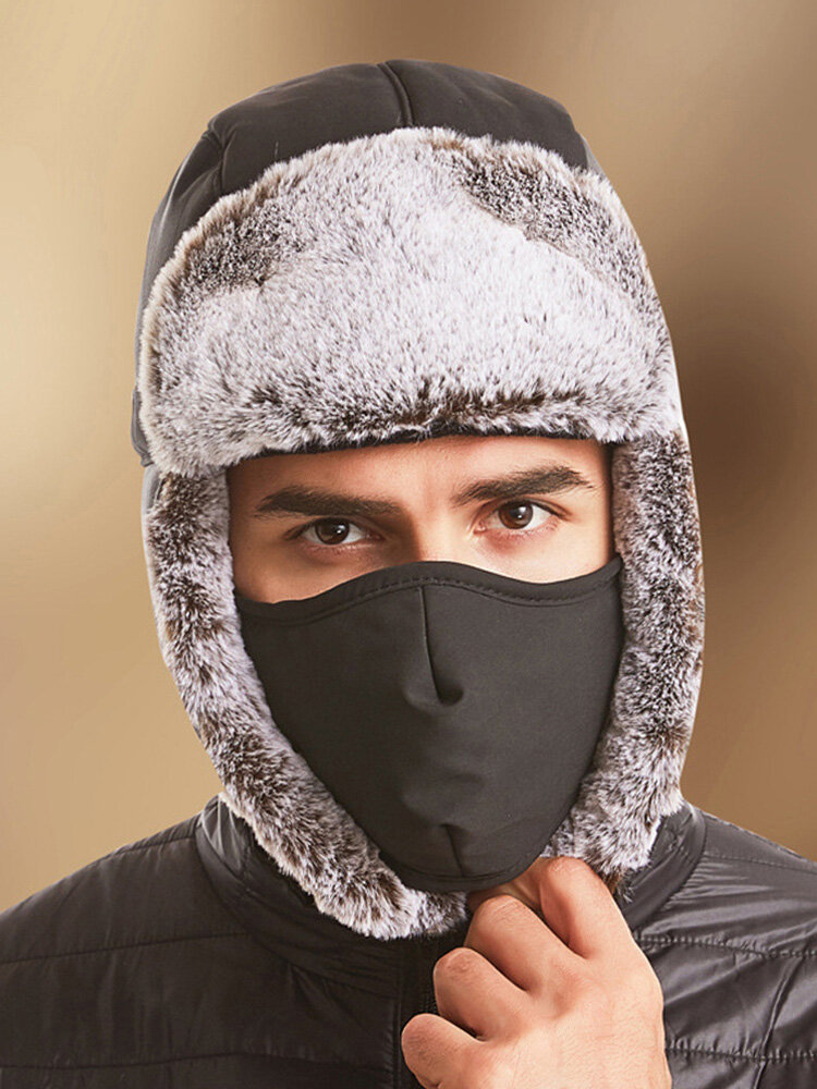 Men 2PCS Plush Plus Velvet Keep Warm Ear Face Protection Windproof Cycling Sport Trapper Hat Detachable Mask