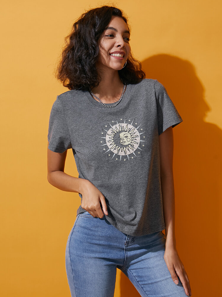 Lässiges Kurzarm-T-Shirt mit Rundhalsausschnitt und Sonnengrafik für Damen