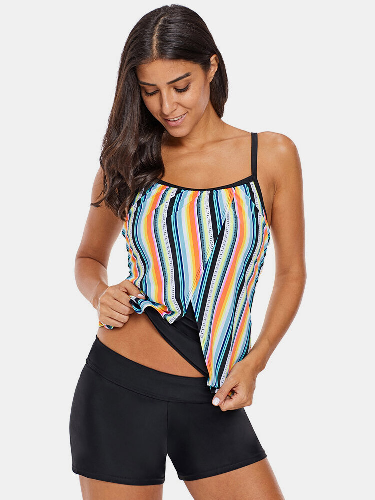 Plus Size Women Swimsuit Striped Spaghetti Straps Top