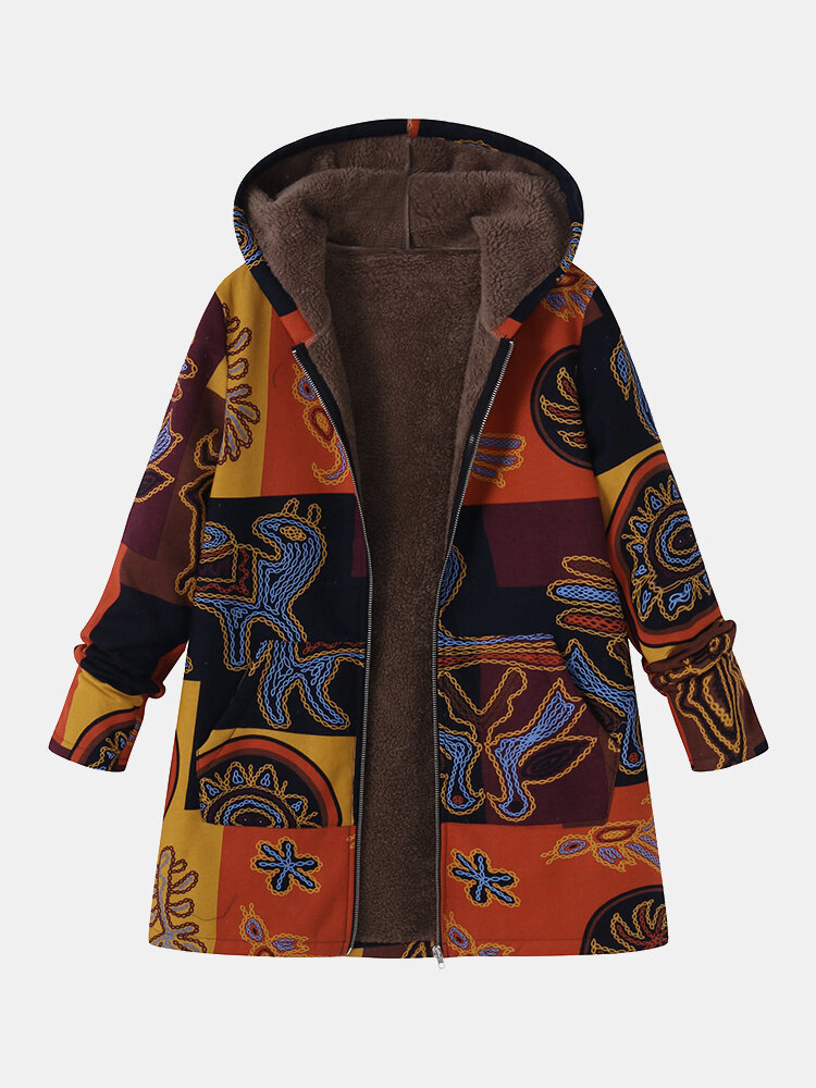 Printed Hooded Pockets Plus Size Coat for Women