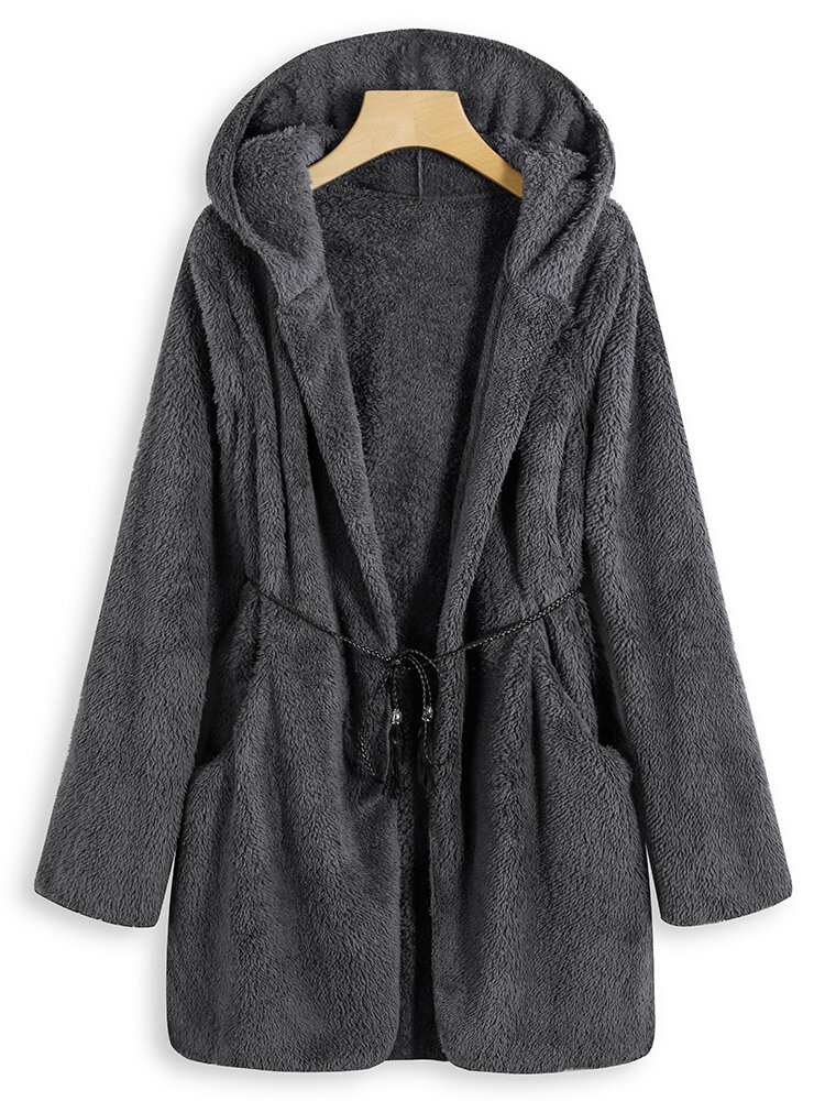 Casual Solid Color Long Sleeve Plush Coat for Women