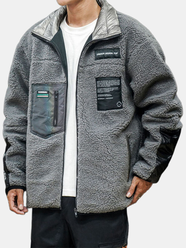 Mens Casual Thicken Fleece Warm Multi Pockets Patchwork Zipper Collar Coats
