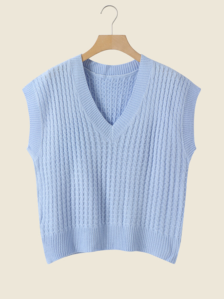 Cable Knit Solid V-neck Sleeveless Vest Sweater For Women