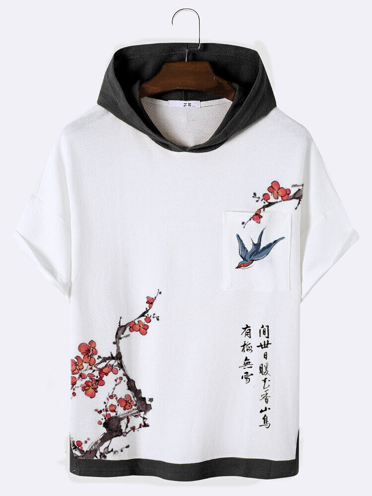Mens Chinese Plum Bossom Bird Print Short Sleeve Hooded T-Shirts