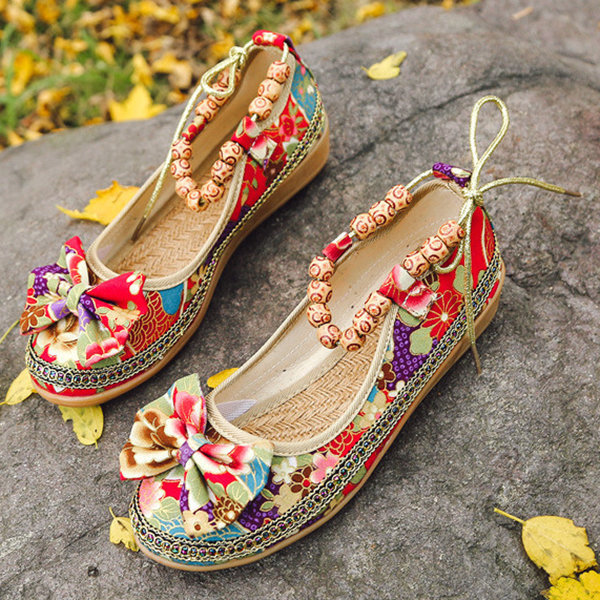 Beaded Lace Up Bowknot Wedges Casual Shoes