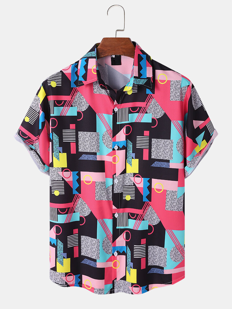 Mens Colorful Abstract Geometric Print Lapel Short Sleeve Shirts