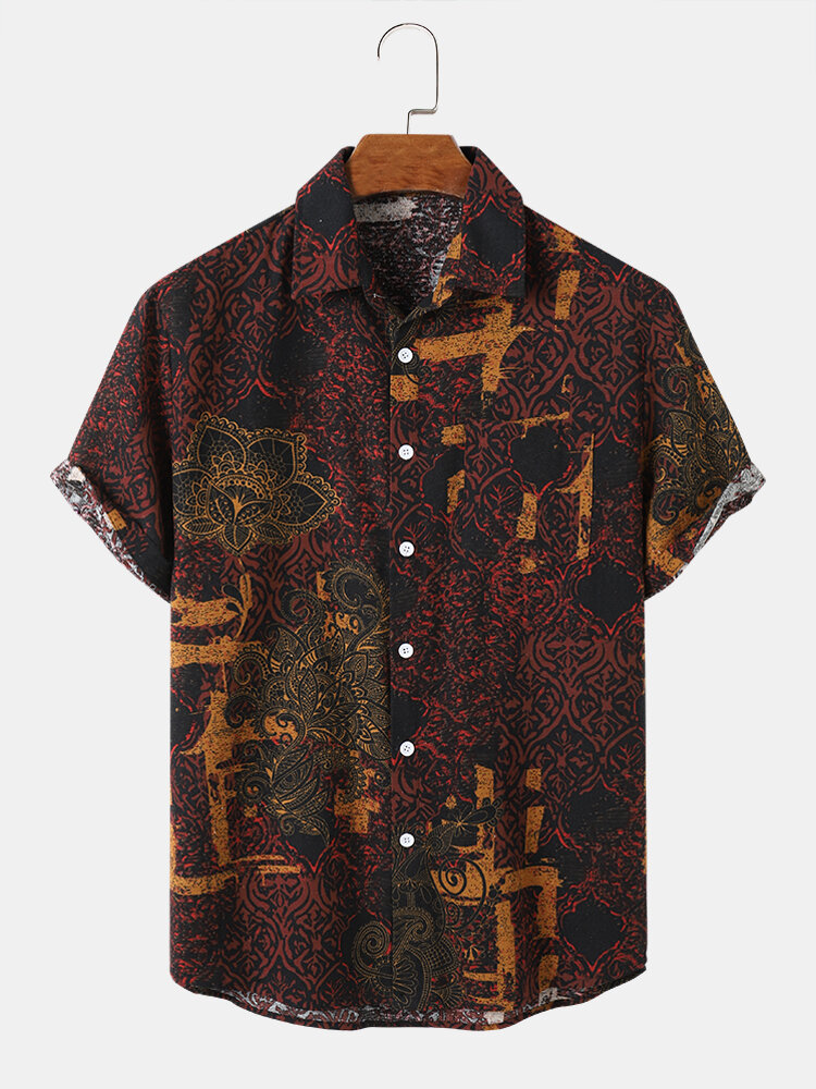 Mens Ethnic Style Floral Print Button Up Short Sleeve Shirts