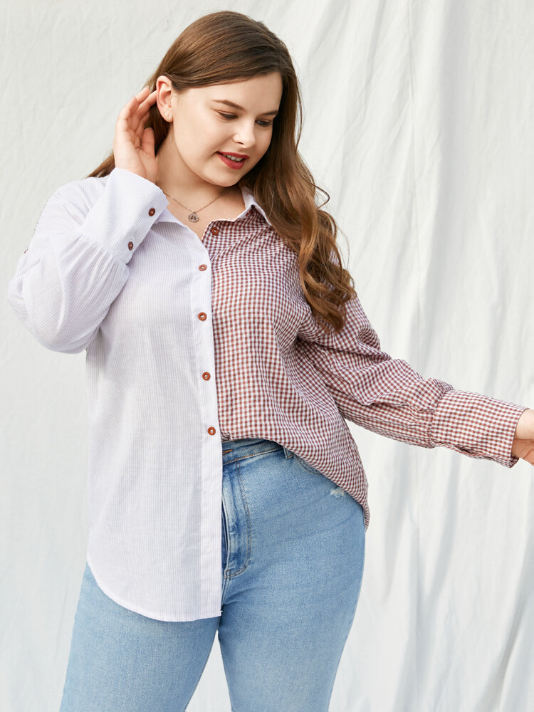 Plus Size Casual Patchwork Button Long Sleeve Shirt