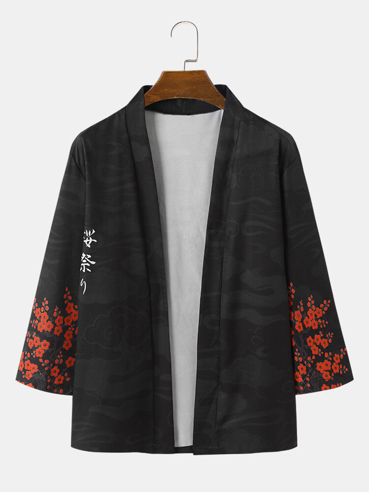 

Mens Plum Bossom Cloud Character Print Open Front Loose Kimono, Black