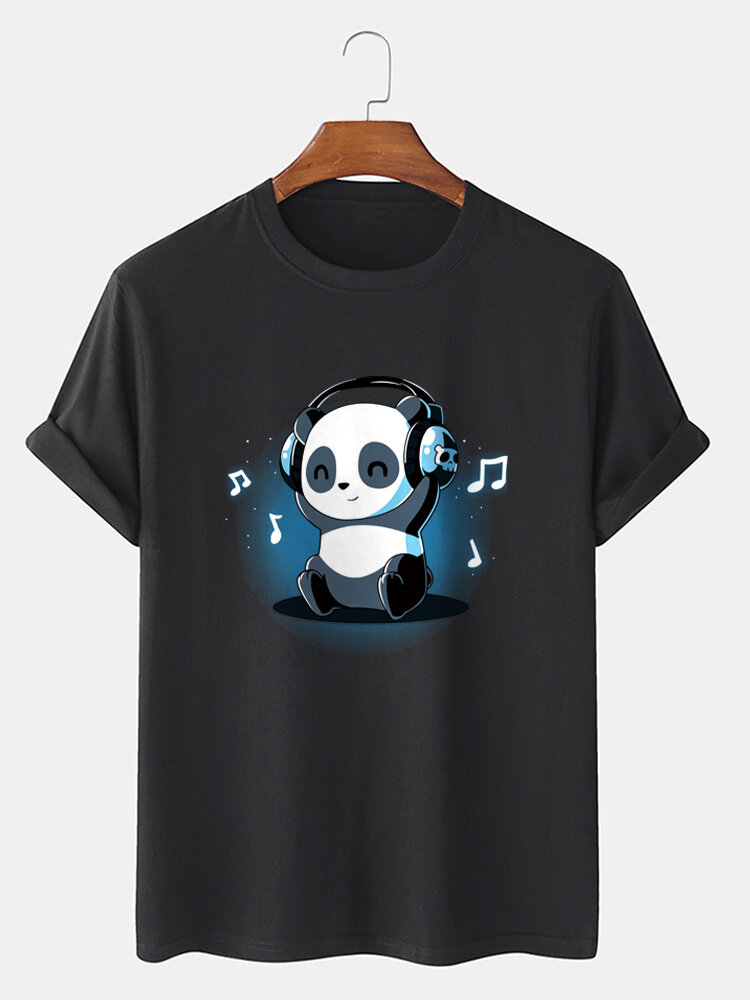 Mens Music Panda Graphic Crew Neck Cotton Short Sleeve T-Shirts