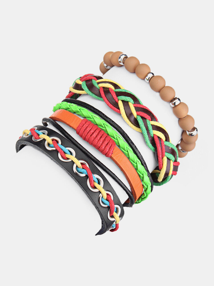 Винтажные браслеты из 4 предметов, эластичные многорядные кожаные браслеты с бусинами для серфера для Женское