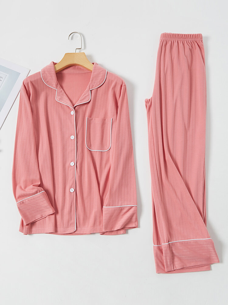 

Women Rib Contrast Binding Button Up Revere Collar Plain Comfy Pajamas Set, White;navy;gray;pink;purple