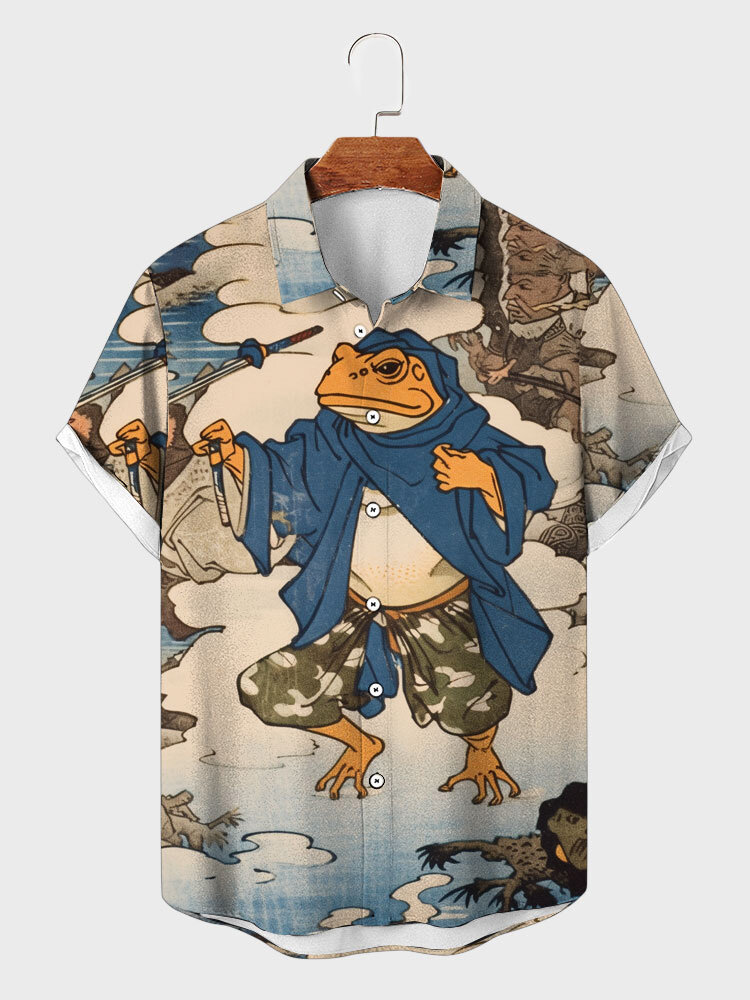 Mens Allover Japanese Frog Figure Print Lapela Camisas de manga curta inverno