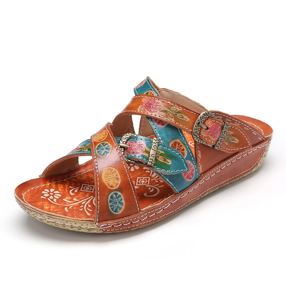 

SOCOFY Retro Leather Embossed Floral Stitched Sip on Slides Flat Sandals, Coffee