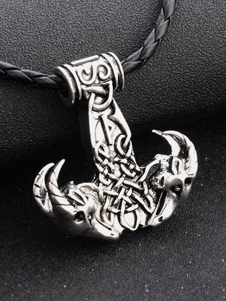 

Trendy Distressed Engraved Celtic Symbol Goat Head Hammer Shape Pendant Alloy Necklace, Gold