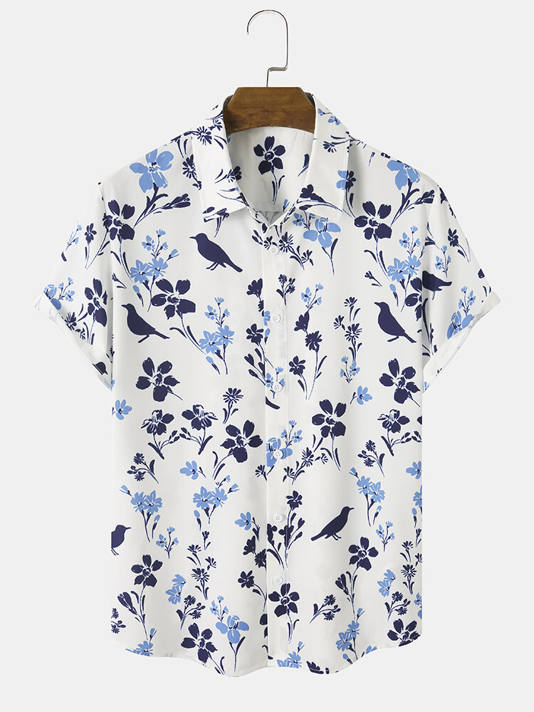 Mens All Over Floral & Bird Print Lapel Short Sleeve Shirts