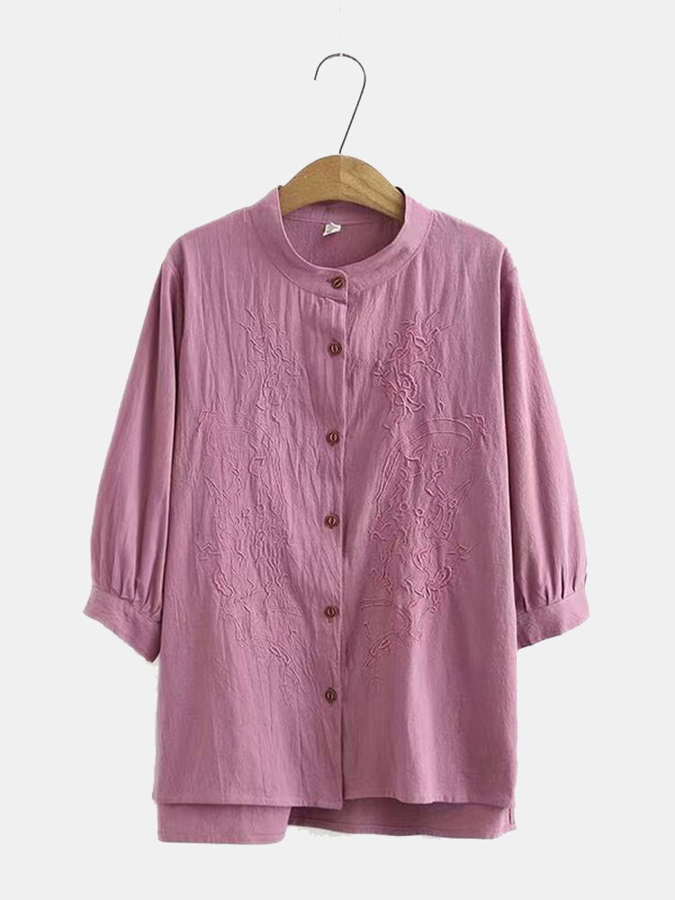Embroidered Solid Color 3/4 Sleeve Shirt For Women