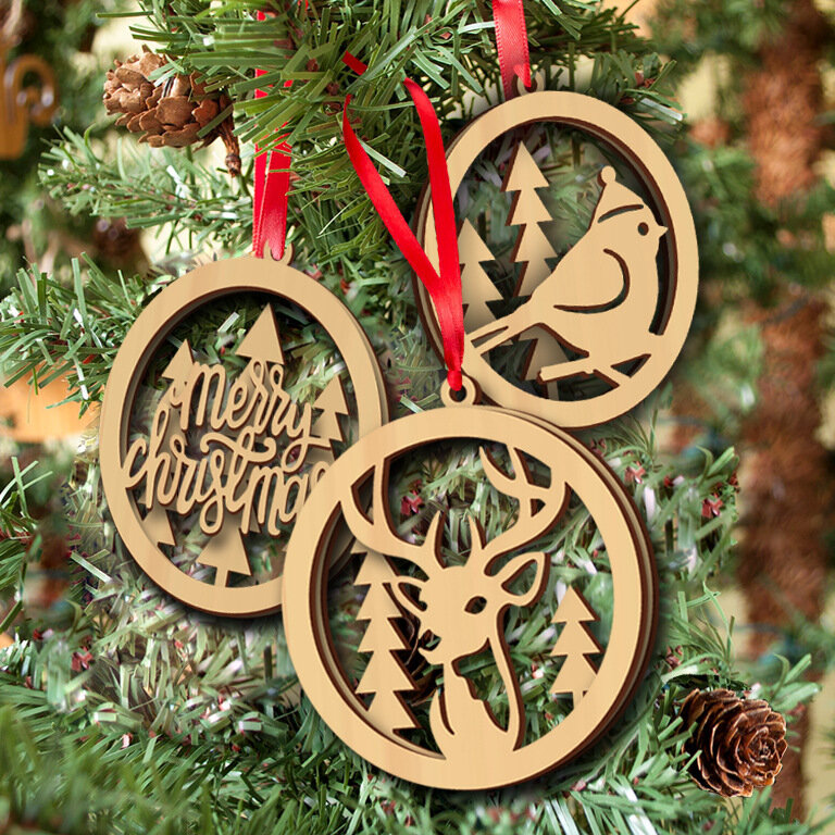 

3Pcs Double Hollow Christmas Pendant Wooden Crafts Christmas Deer Wood Home Christmas Tree Ornaments Small Pendant, #01