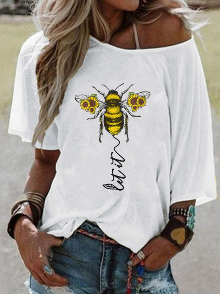 Flower Bee Letter Print Short Sleeve T-shirt For Women