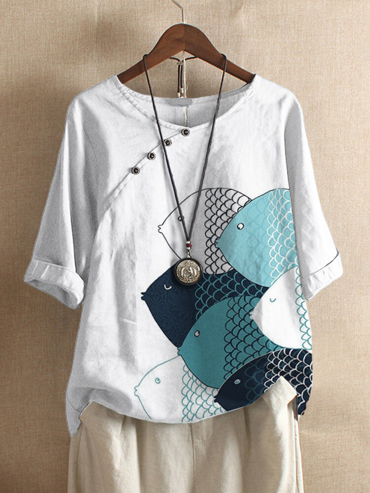 Cartoon Fishes Print Rolled Sleeve O-neck Plus Size T-shirt