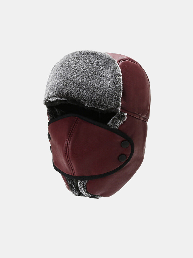 Unisex PU Cotton Thicken Solid Color Removable Mask Ear Protection Winter Skiing Warmth Windproof Trapper Hat