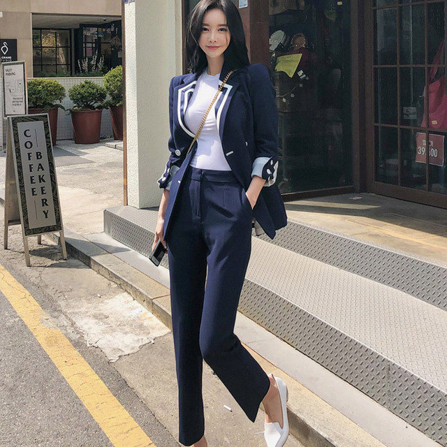 Women's Suits 2019 Spring Korean Temperament Contrast Color Slim Double-breasted Suit Trousers Two-piece