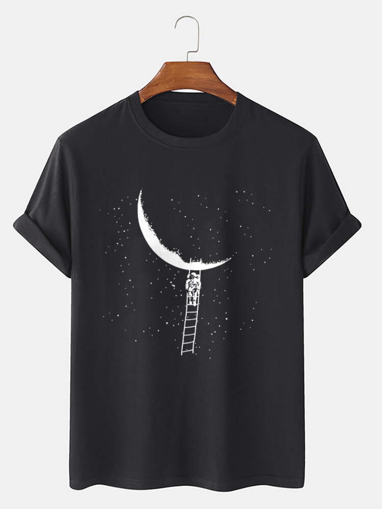 Mens 100% Cotton Space Astronaut Print Crew Neck Short Sleeve T-Shirt