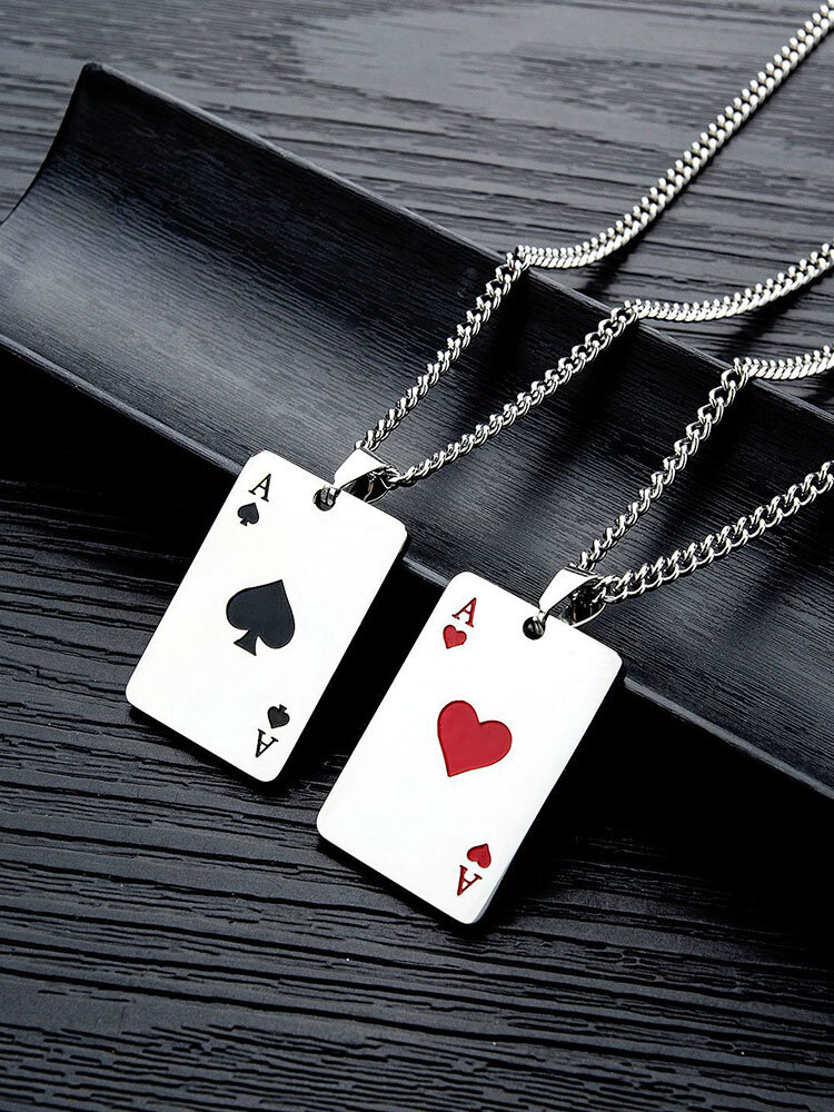 

Alloy Titanium Steel Hip-Hop Trendy Ace of Spades Necklace Personalized Playing Card Pendant, Black;red