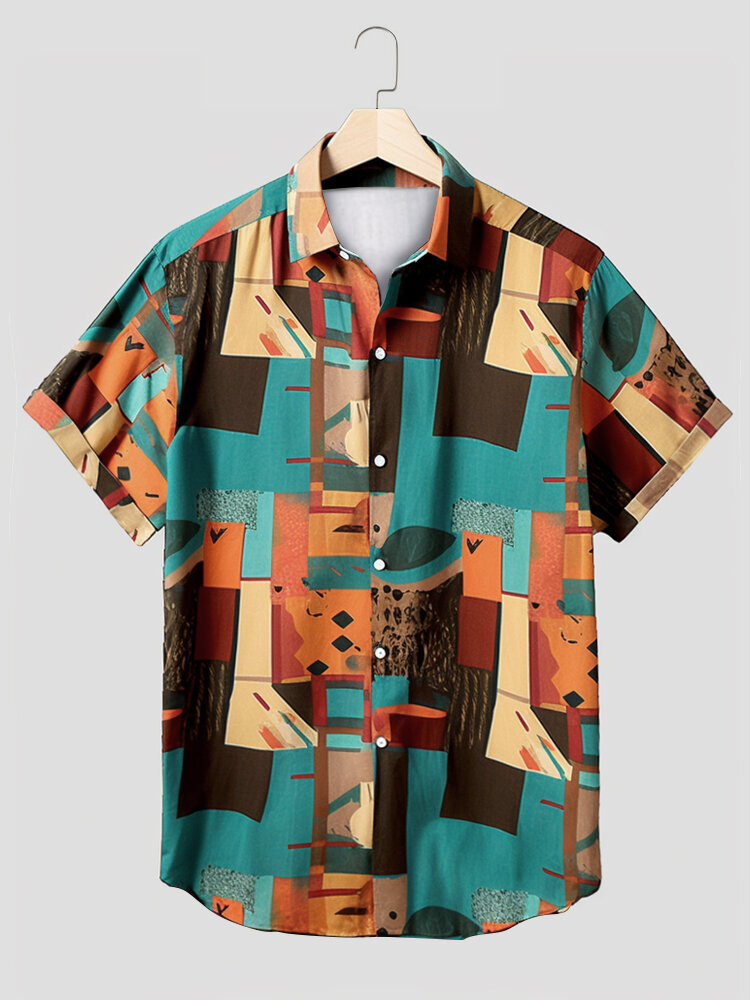 Camisas de manga corta con solapa y estampado geométrico abstracto para hombre