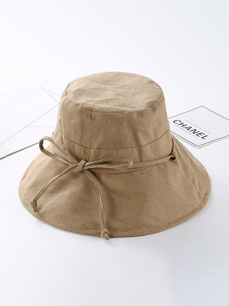 Women Casual Cotton Bucket Hat Foldable Wide Brim Sunscreen Beach Cap