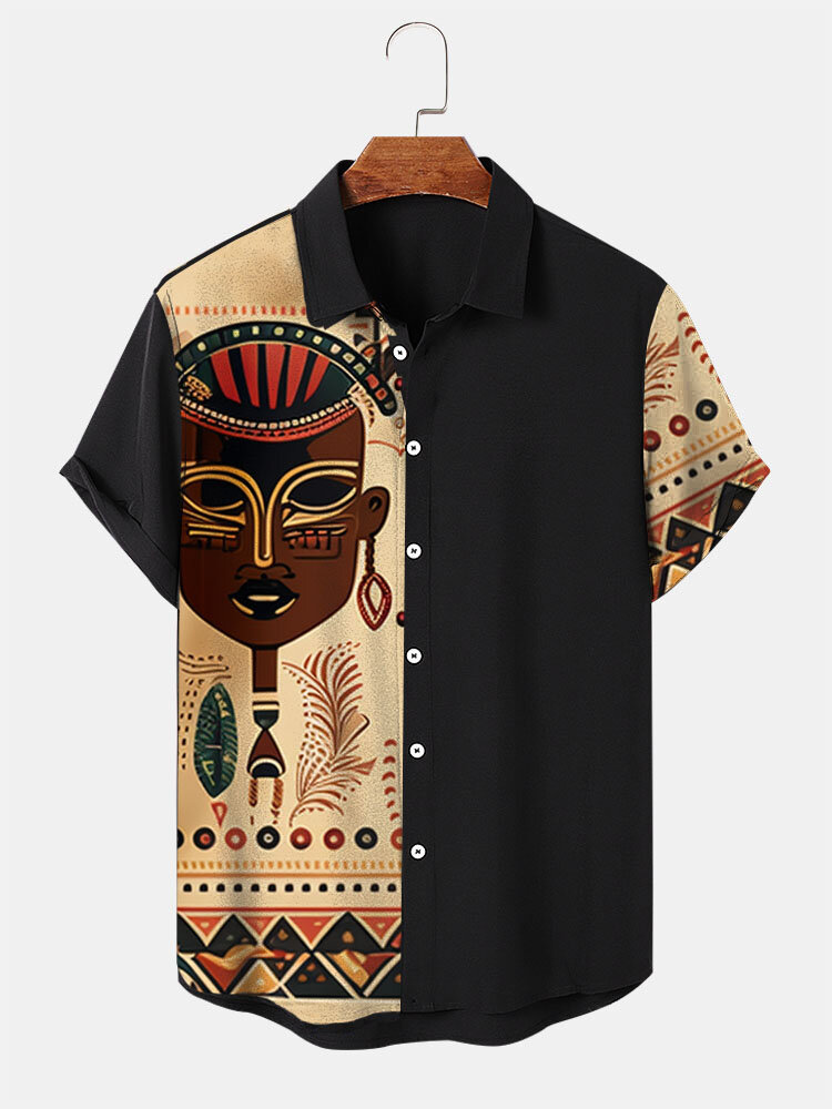 Mens Tribal Figure Pattern Patchwork Ethnic Short Sleeve Shirts