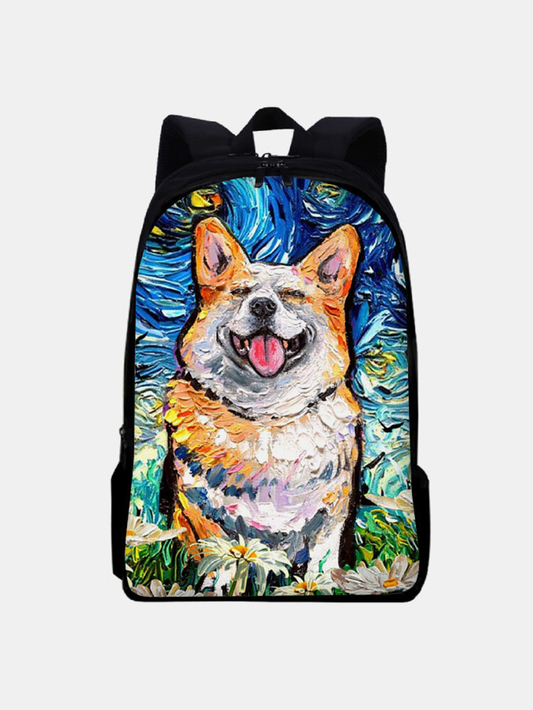 Women Large Capacity Oil Painting Dog Pattern Prints Backpack