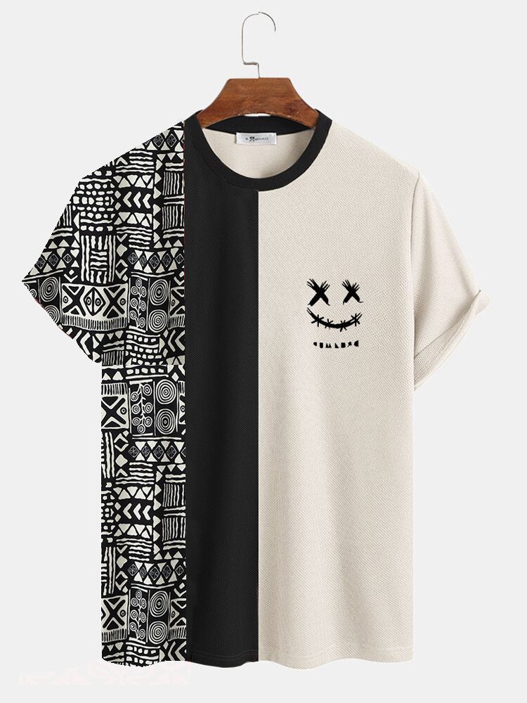 Mens Geometric Funny Face Print Patchwork Knit Short Sleeve T-Shirts
