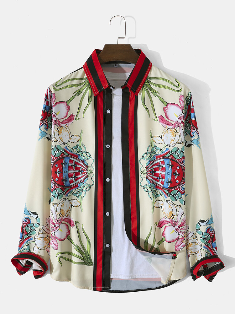 Mens Floral Striped Print Lapel Baroque Style Long Sleeve Shirts