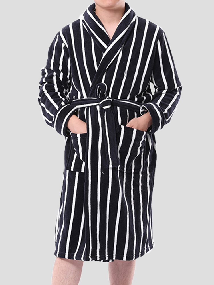 

Men Flannel Winter Warm Casual Striped Nightgown Belt Lounge Robe, Navy