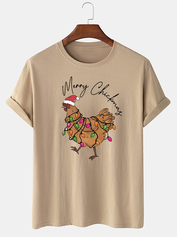 Mens Christmas Chicken Print Crew Neck Short Sleeve T Shirts Winter