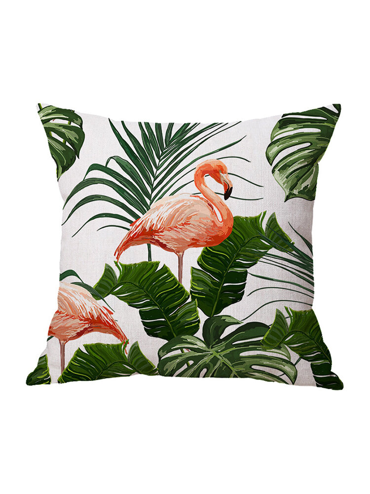 

Flamingo Linen Throw Pillow Cover Pattern Watercolour Green Tropical Leaves Monstera Leaf Palm Aloha