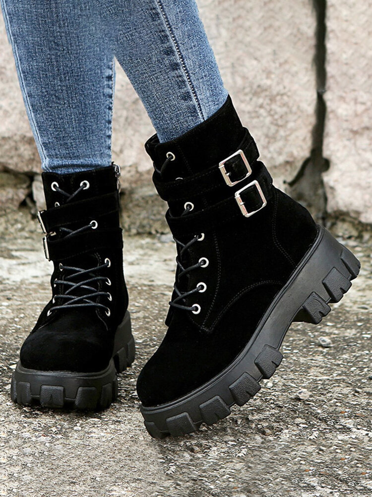 Plus Size Women Casual Black Suede Side-zip Comfy Platform Tooling Boots