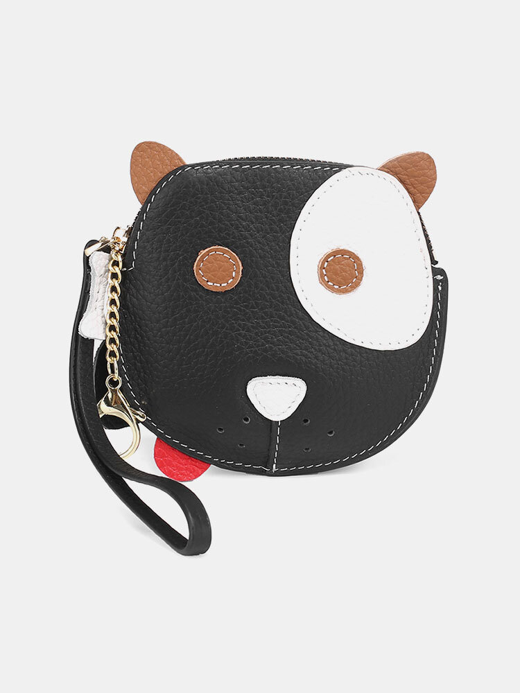 Women Genuine Leather Cowhide Cute Cartoon Dog Pattern Keychain Wallet Storage Bag Coin Bag