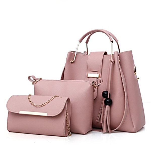 

Women 3PCS Concise Tassel Soft PU Handbags Solid Messenger Bags, White;wine red;grey;black;pink;brown
